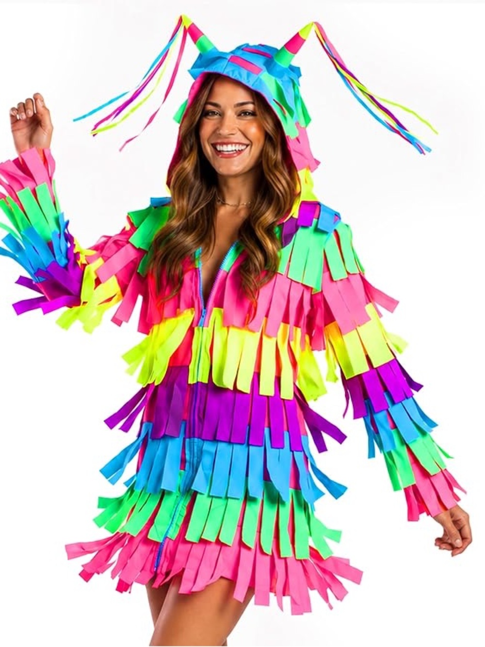 Tipsy Elves piñata costume mini dress zip up hooded multicolor fringe size xl